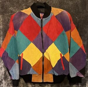 Vintage 90s Don’t Stop Patchwork Suede Leather Bomber Jacket Men’s S Multicolor
